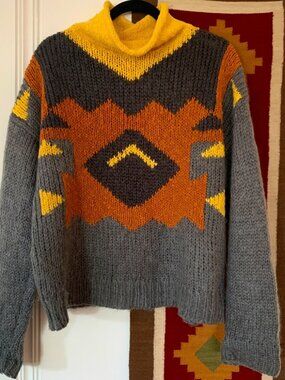 Mark Shale Gray Yellow Orange Vintage Mid Century Mock Neck Sweater Pullover